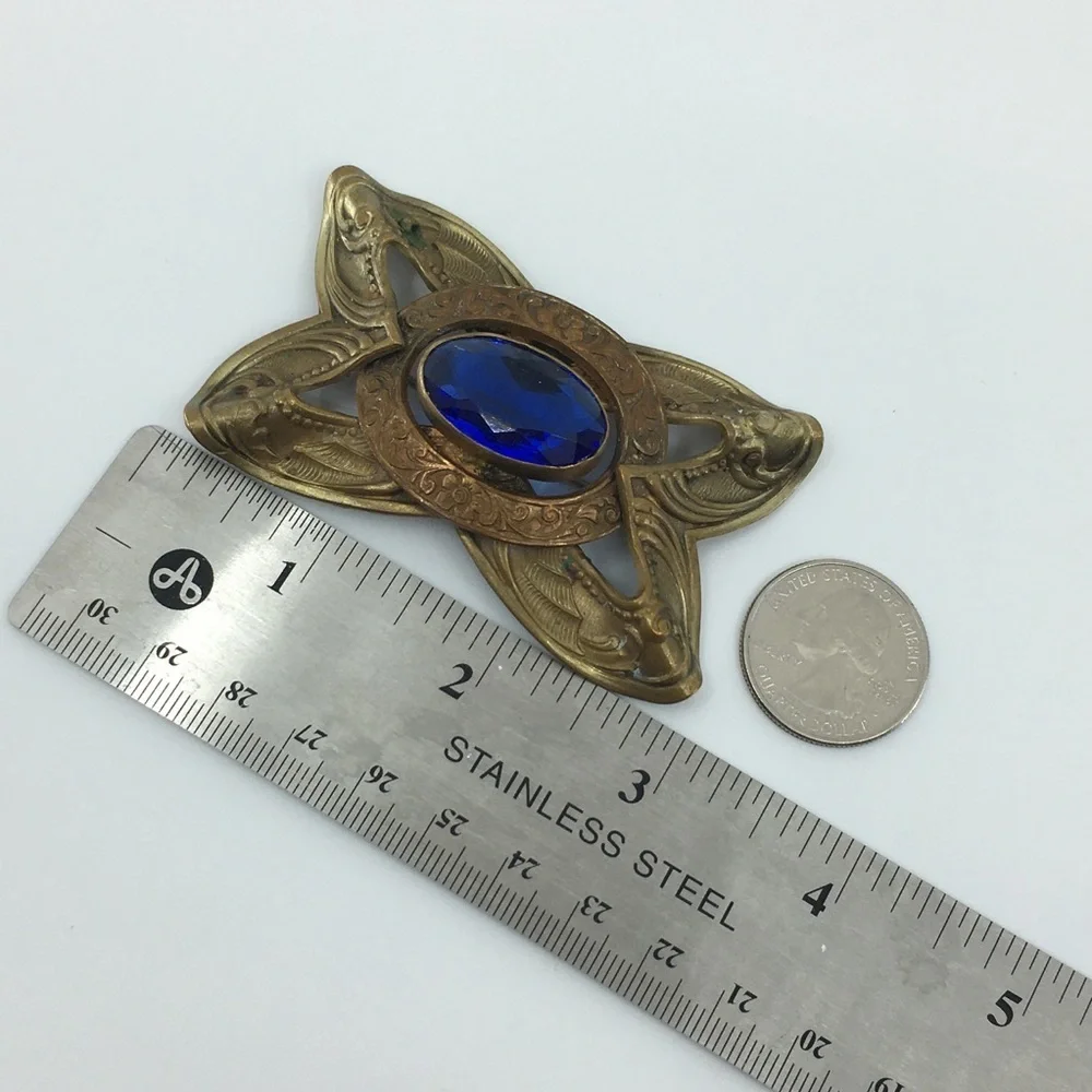 Antique Victorian Brass Bronze Blue Glass Brooch Pin Old Estate Costume Jewelry